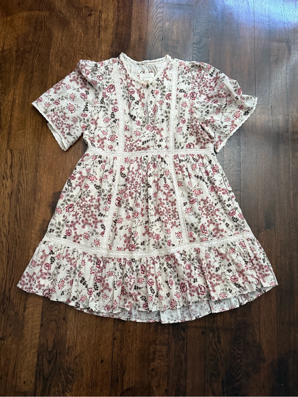 Anthropologie Cream Floral Lace-Trim Dress with Rose Accents